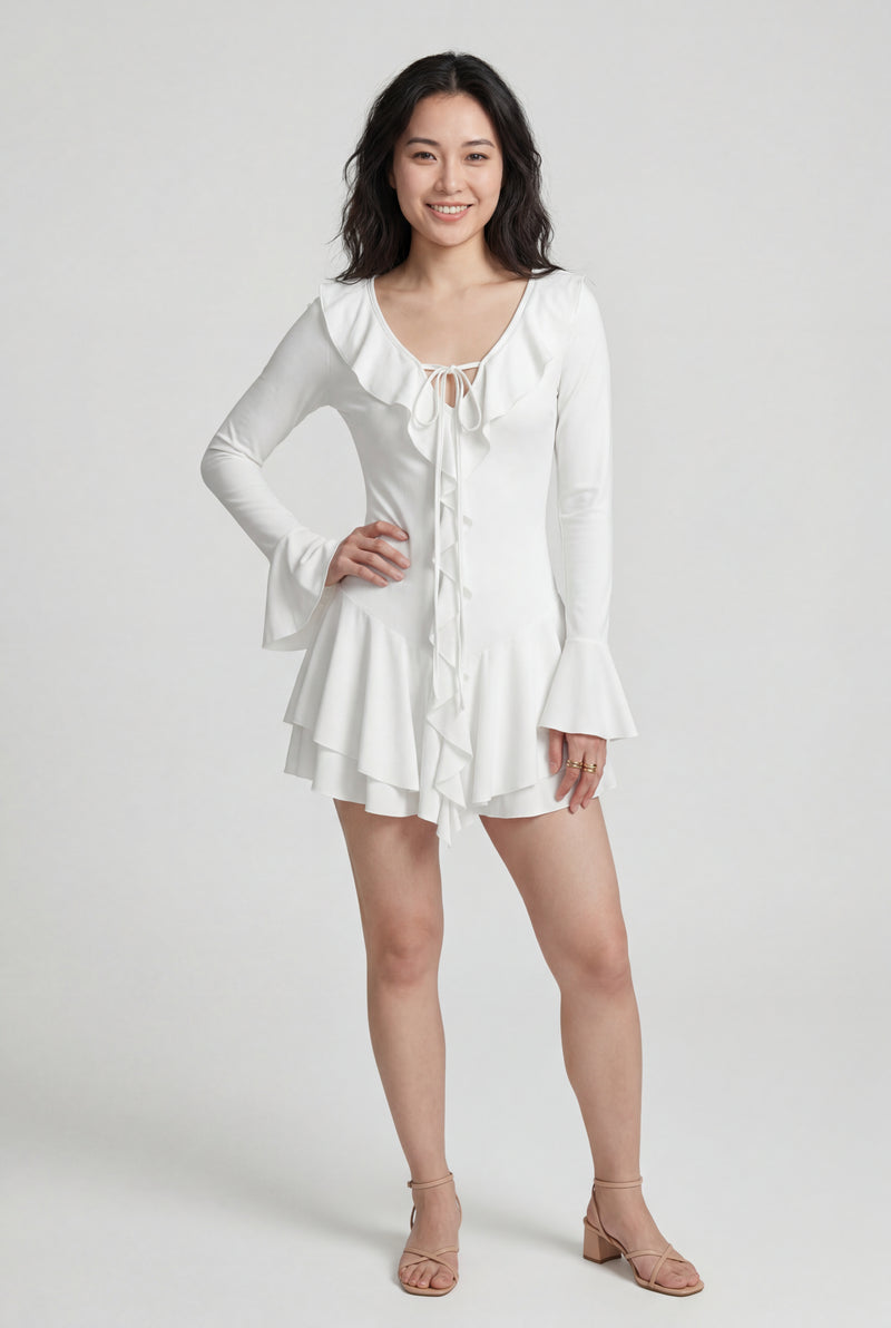 White White Ruffle Trim Tie-front Mini Dress with Flared Cuffs - Photo 1