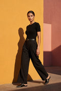 Black Wide-leg High-waisted Tailored Trousers with Pleats - Wide leg pants - Photo 5