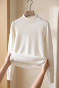 Fleece-Finished Mock Neck Sweater in White — studio front