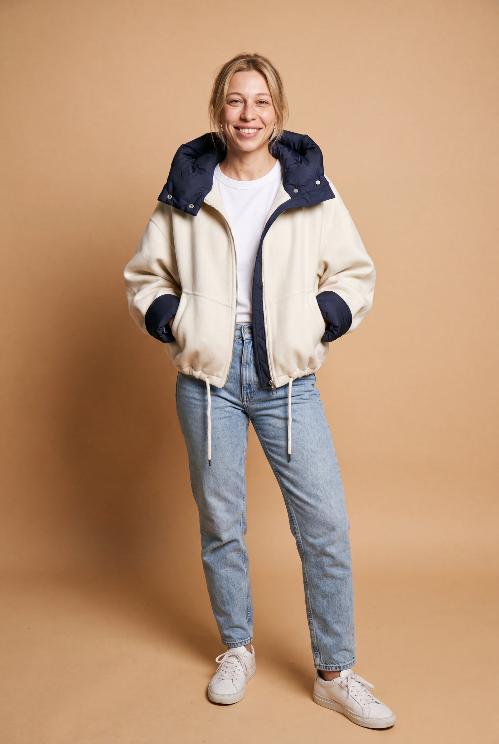 Women's Hooded Jacket Zipper Closure in White — studio shot