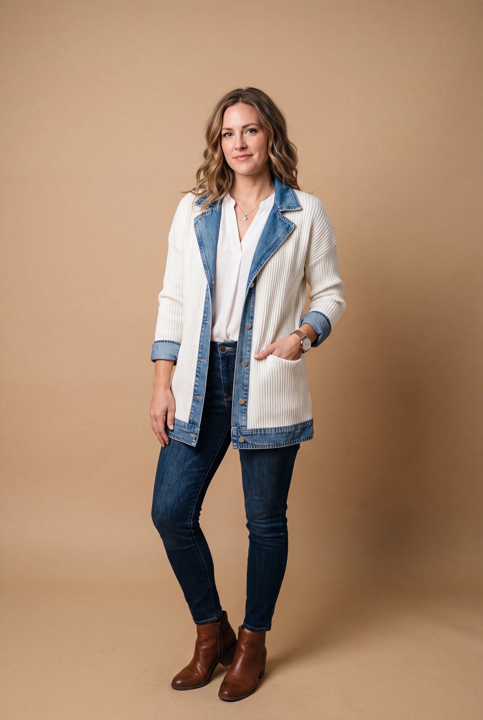 Women's Jacket Layered Collar Button in White — primary