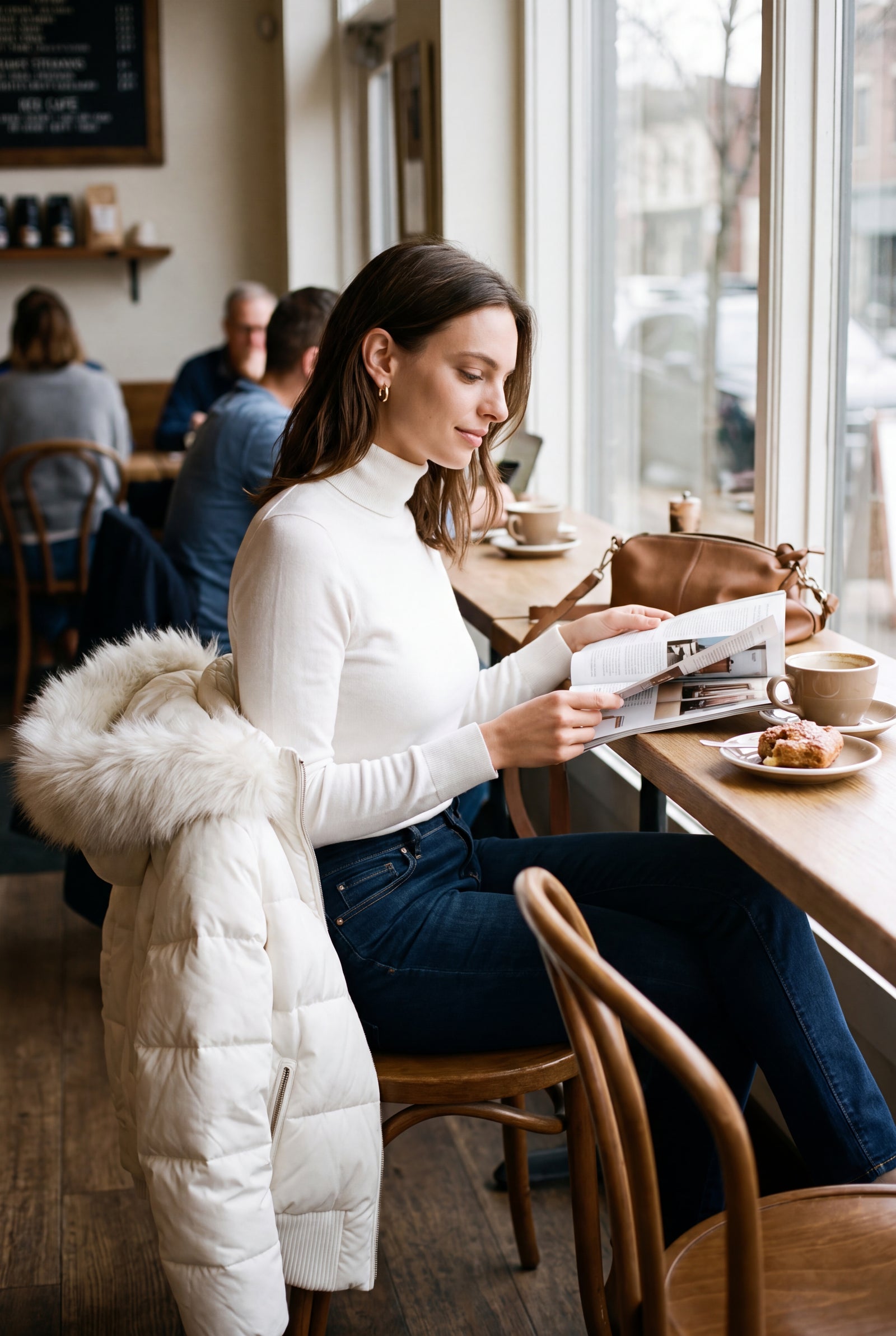 Women's Quilted Jacket Removable Hood in White — lifestyle coffee shop