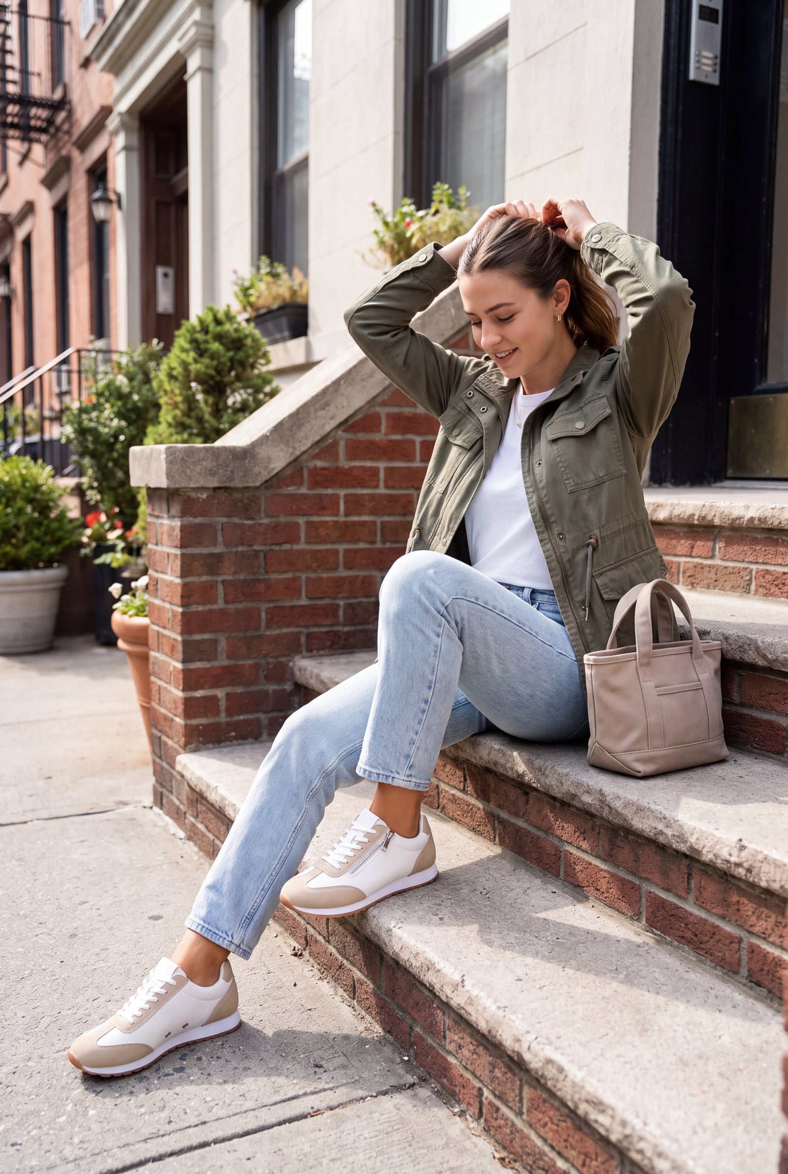 Women's Sneakers Slip-On Beige in White — lifestyle urban stoop