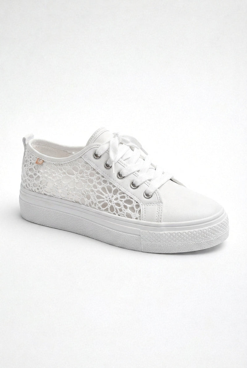 White Women's Crochet Lace Platform Lace-Up Sneakers - Photo 1