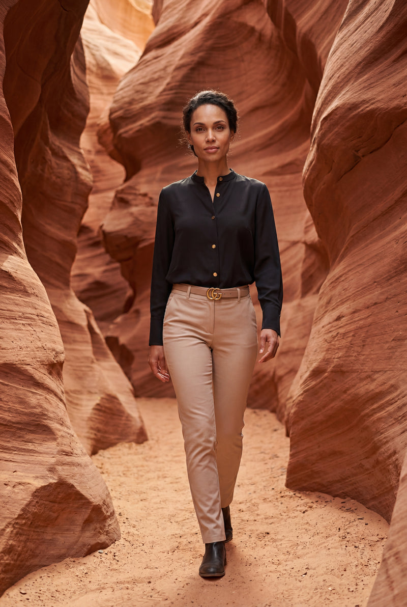 Black Women's Gold Button Mandarin Collar Long Sleeve Blouse - Blouses - Photo 4