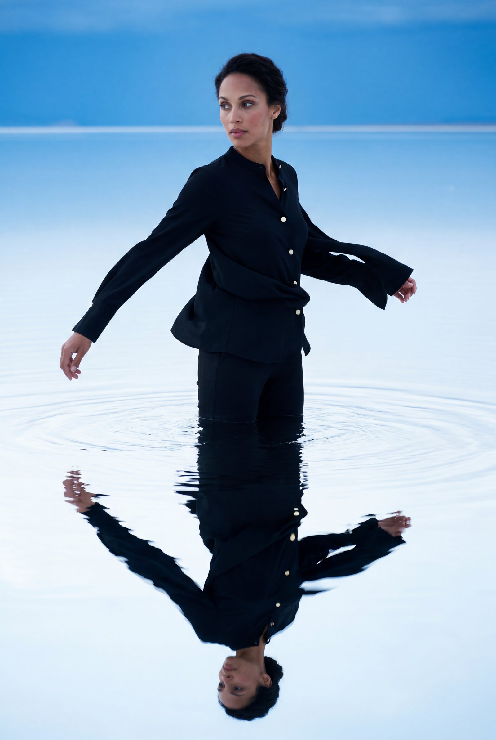 Black Women's Gold Button Mandarin Collar Long Sleeve Blouse - Blouses - Photo 7