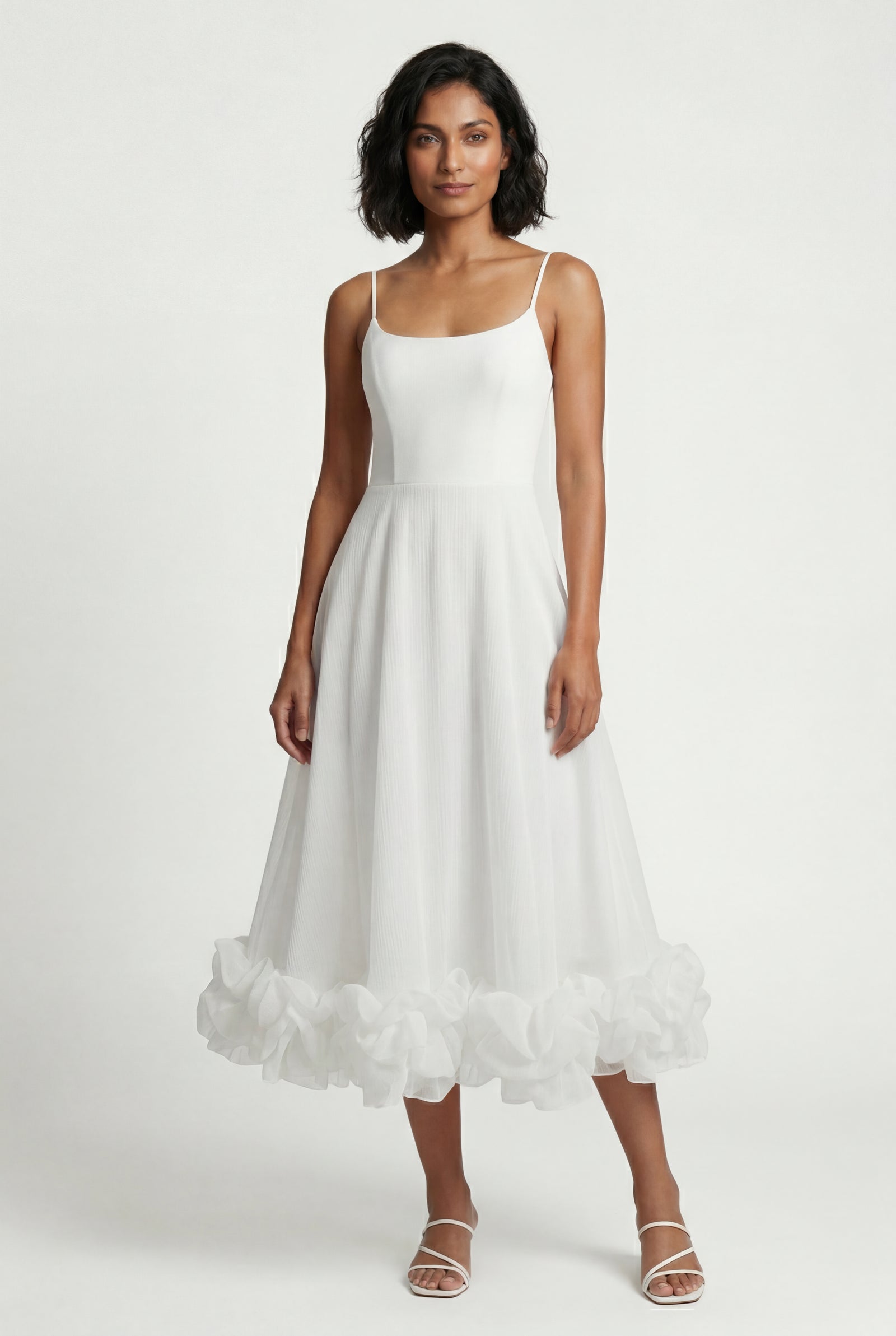 White Women's Ruffled Hem Fit and Flare Midi Dress - Wedding guest dress - Photo 1