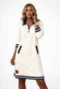 Zip-Front Polo Sweater Dress in White — front view