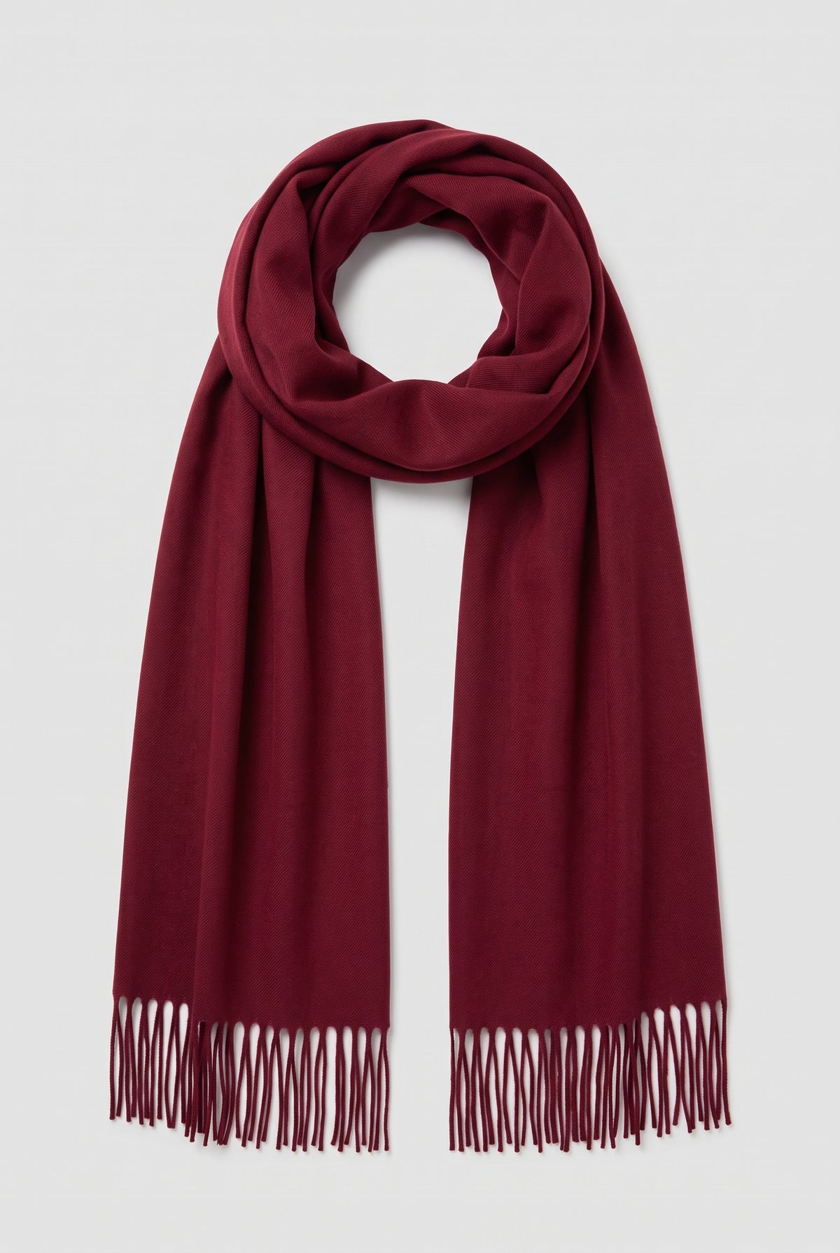 Cashmere Fringed Scarf in Wine — studio front