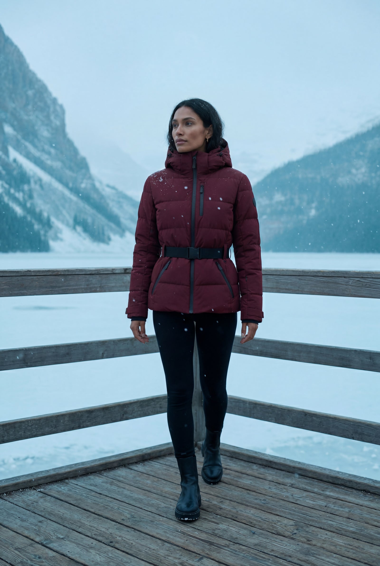 Wine Red Belted Padded Hooded Jacket with Fitted Waist - Padded jackets - Photo 6