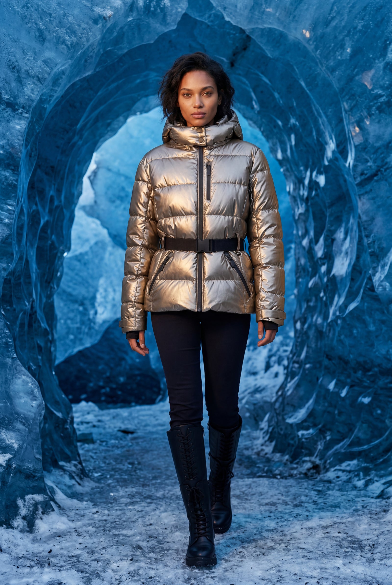 Champagne Belted Padded Hooded Jacket with Fitted Waist - Padded jackets - Photo 7
