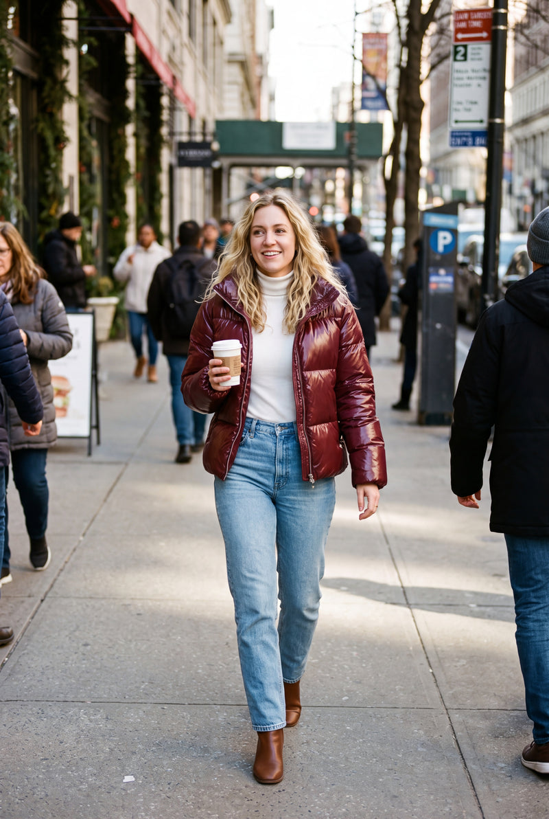 Women's Short Puffer Jacket with Hood in Wine Red — lifestyle 1