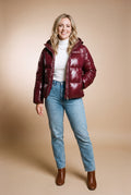 Women's Short Puffer Jacket with Hood in Wine Red — studio 1
