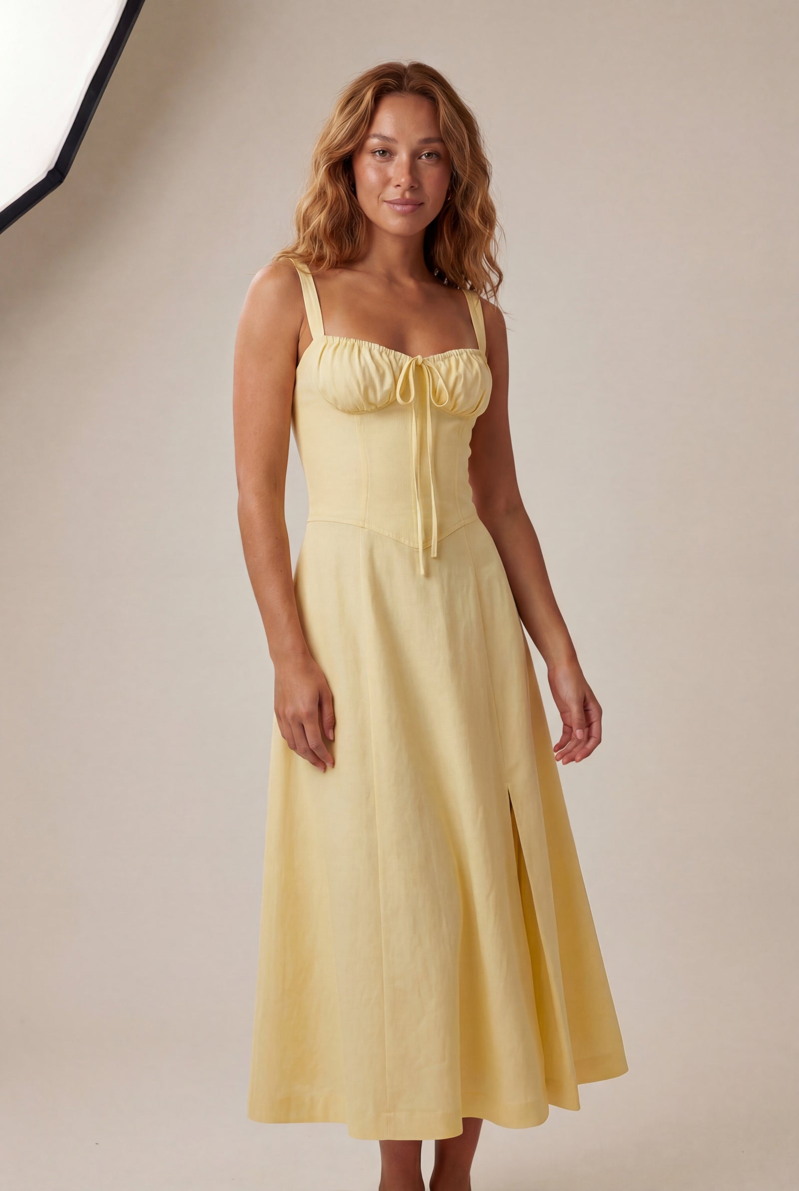 Yellow Corset Bodice A-line Midi Dress with Sweetheart Neckline - Photo 9