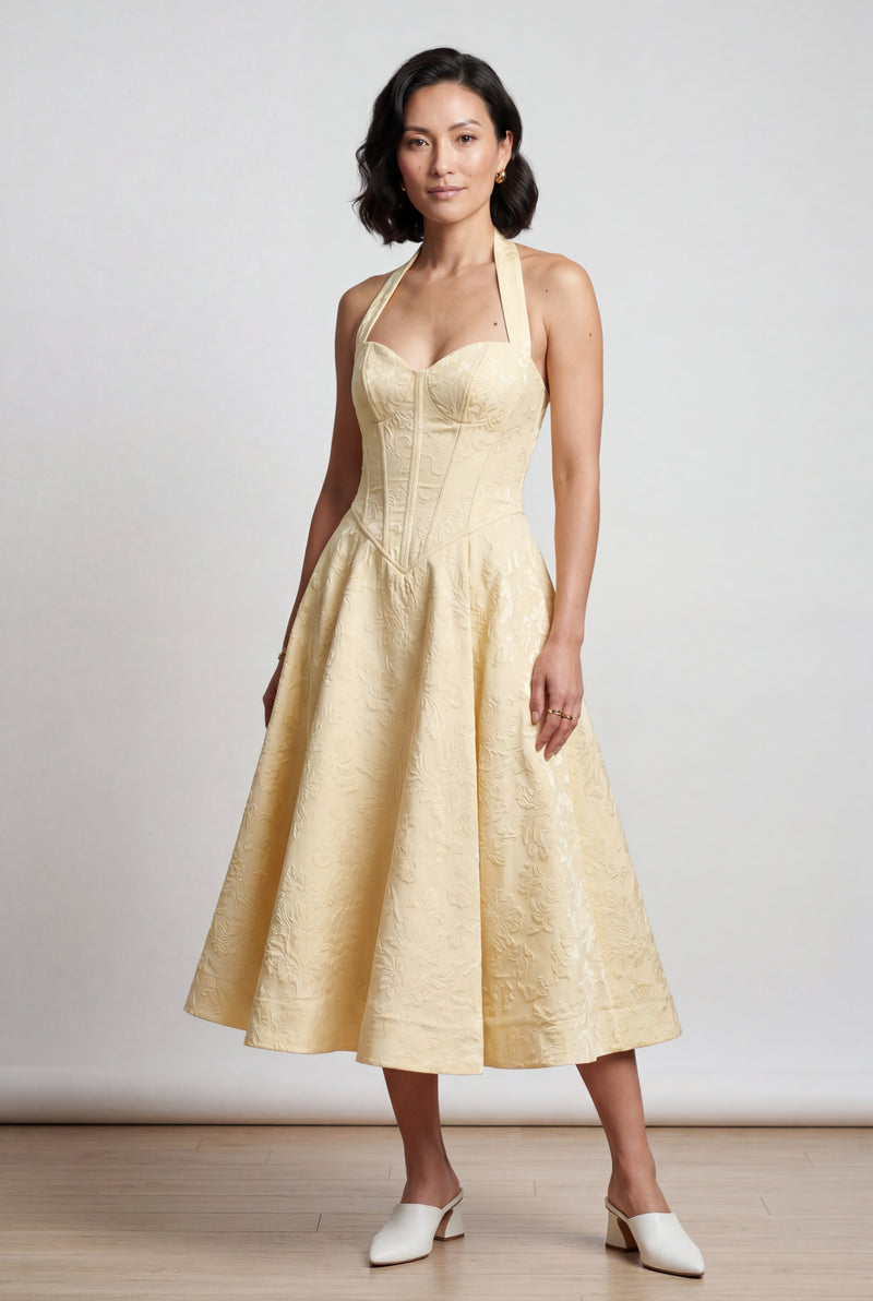 Yellow Jacquard Halter Corset Bodice A-line Midi Dress - A-line dress - Photo 1