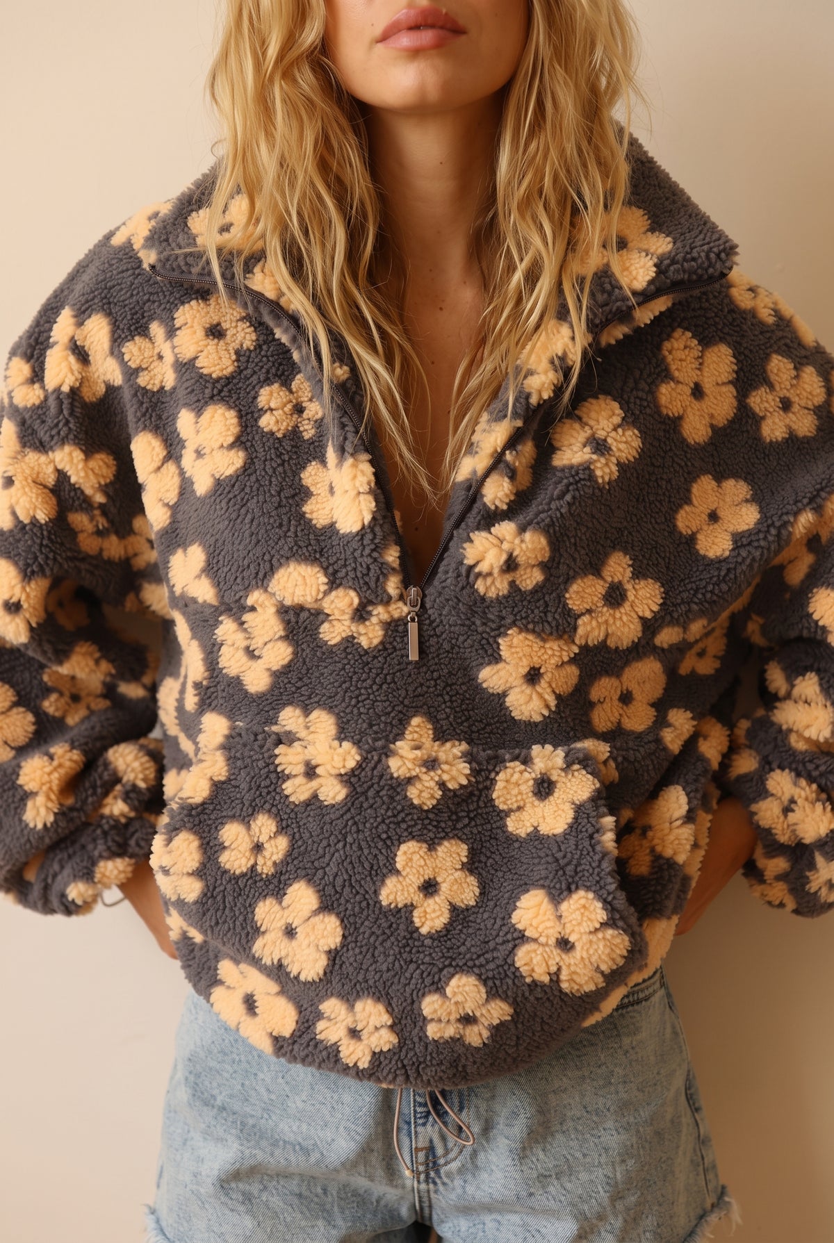 Oversized Floral Teddy Fleece Jacket in Yellow — studio detail