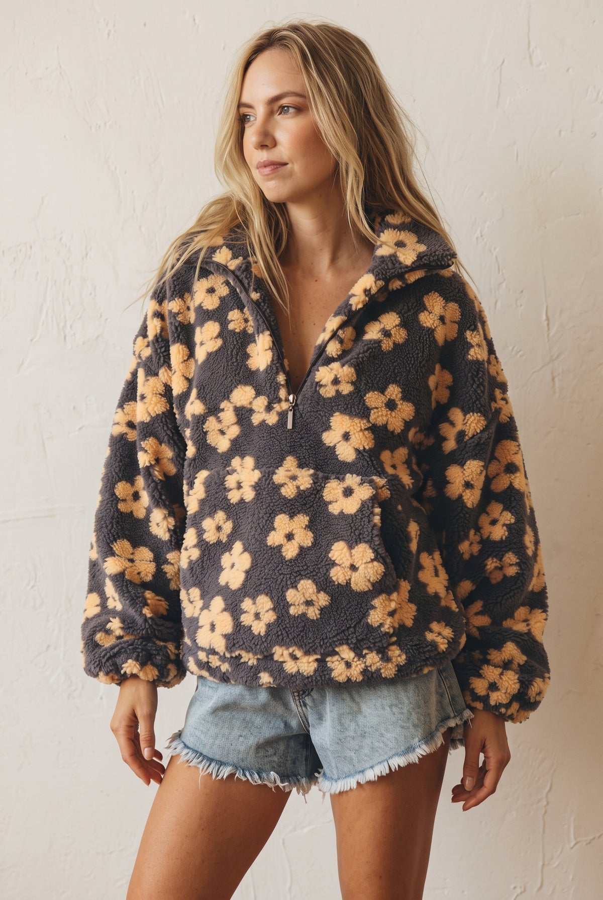 Oversized Floral Teddy Fleece Jacket in Yellow — studio front