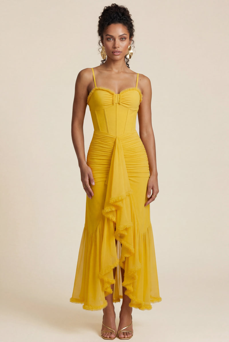 Yellow Ruched Asymmetric Hem Maxi Dress with Ruffle Trim - Photo 1