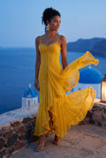 Yellow Ruched Asymmetric Hem Maxi Dress with Ruffle Trim - Photo 16