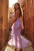 Purple Ruched Asymmetric Hem Maxi Dress with Ruffle Trim - Photo 18