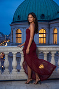 Burgundy Ruched Asymmetric Hem Maxi Dress with Ruffle Trim - Photo 5