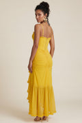 Yellow Ruched Asymmetric Hem Maxi Dress with Ruffle Trim - Photo 6