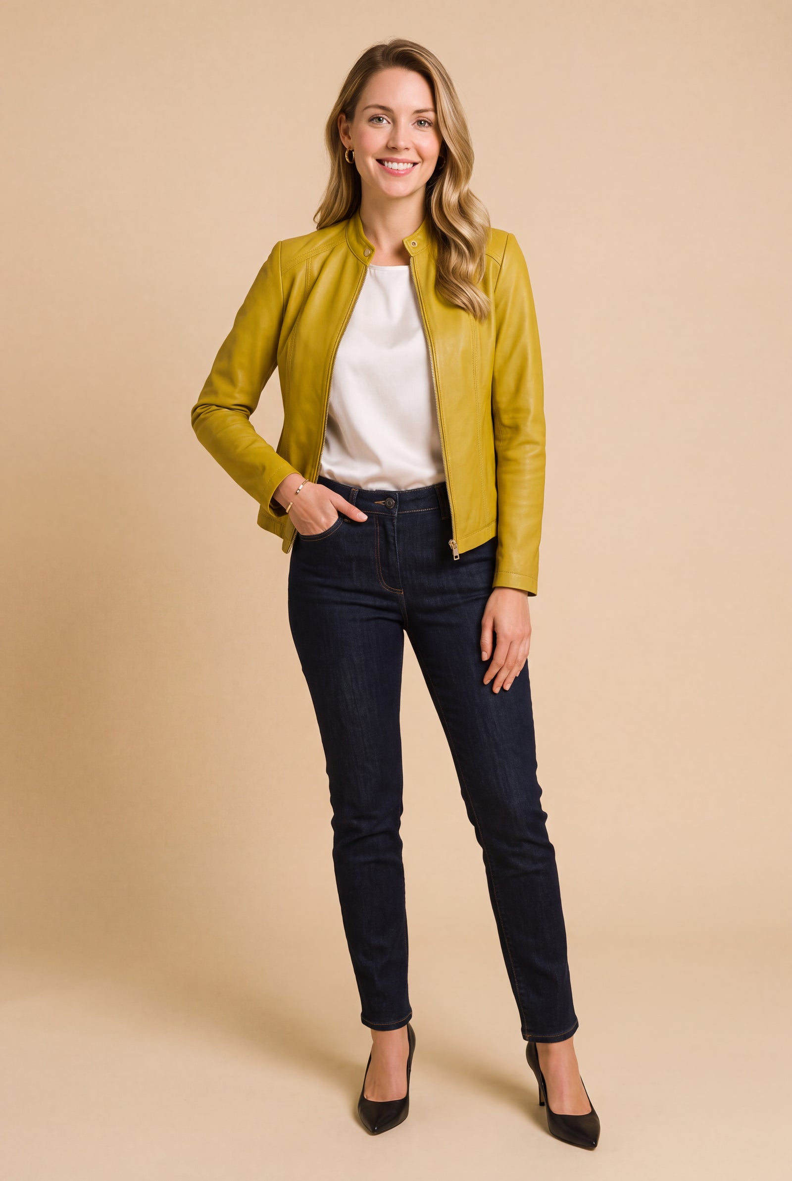 Women's Jacket Short Zip in Yellow — studio front