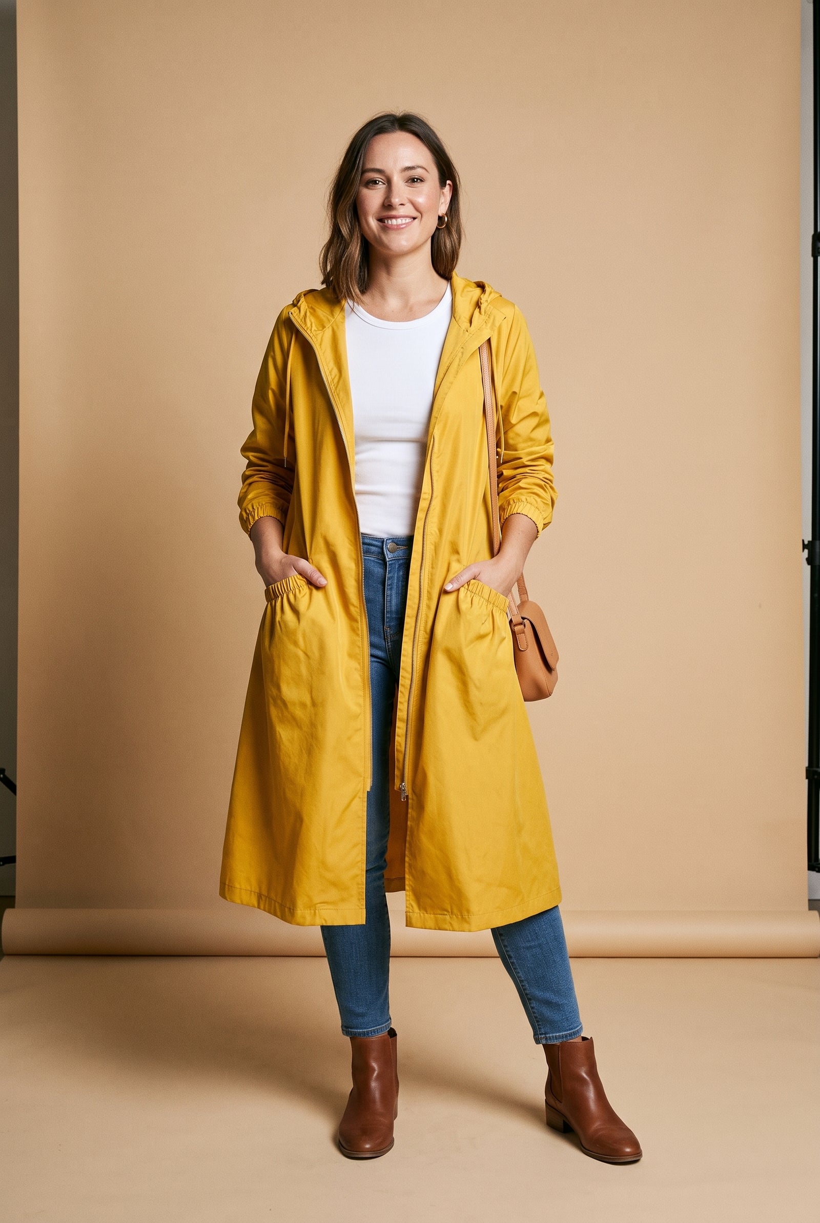 Women's Raincoat Long Elegant in Yellow — studio