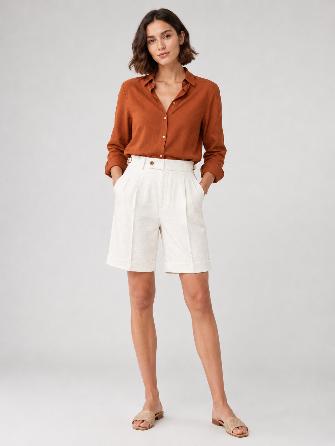 Belted Tailored Black Knee-length Bermuda Shorts-shorts > casual shorts-Stilenza-White-S-Stilenza