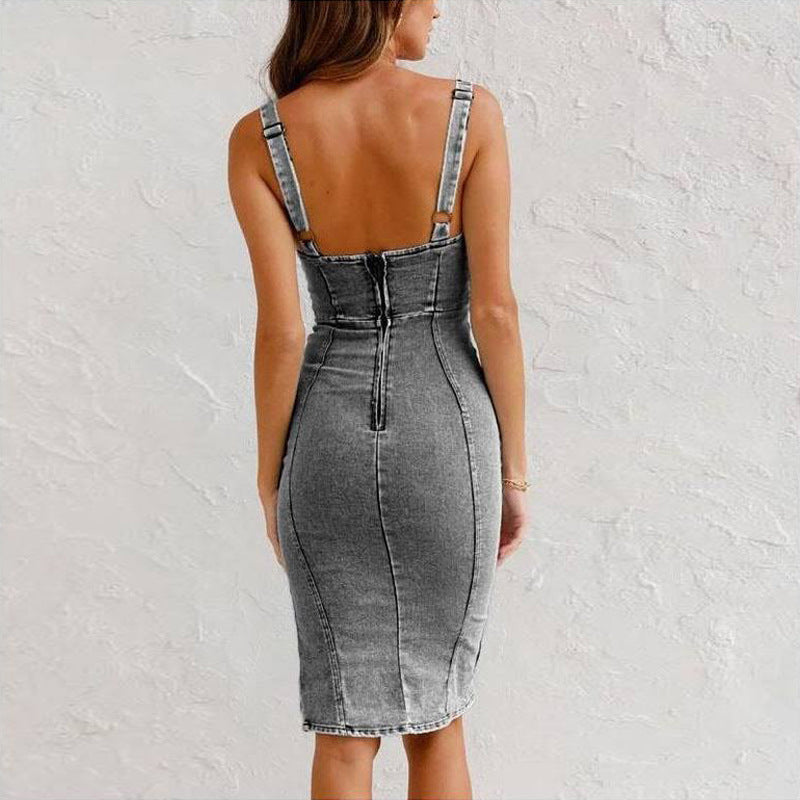 Denim Midi Dress Casual-Midi Dresses-Stilenza