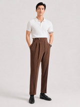 High-rise Pleated Brown Trousers with Cuffed Tapered Leg