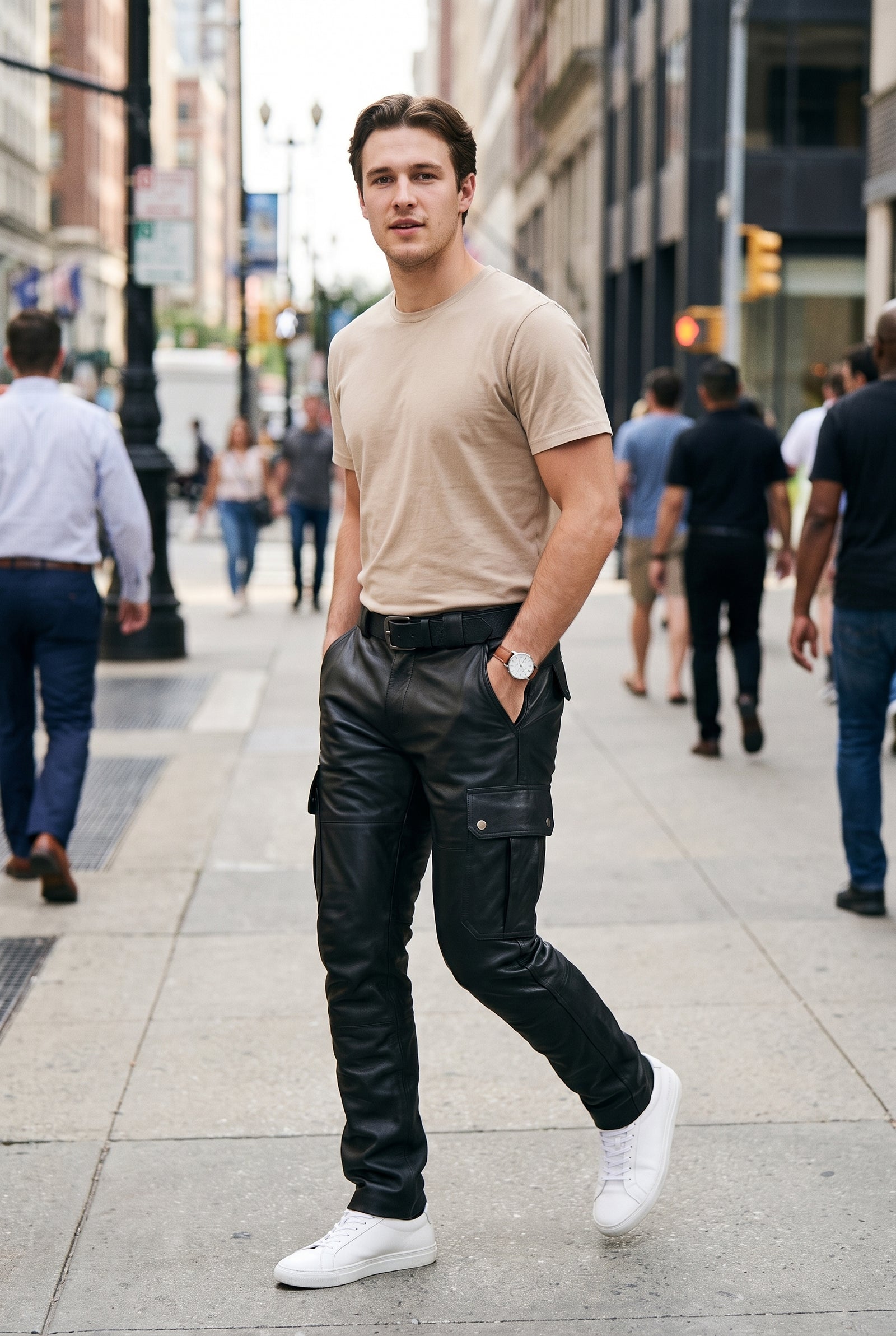 Men's Black Cargo Pants in Leather Look k — lifestyle city sidewalk