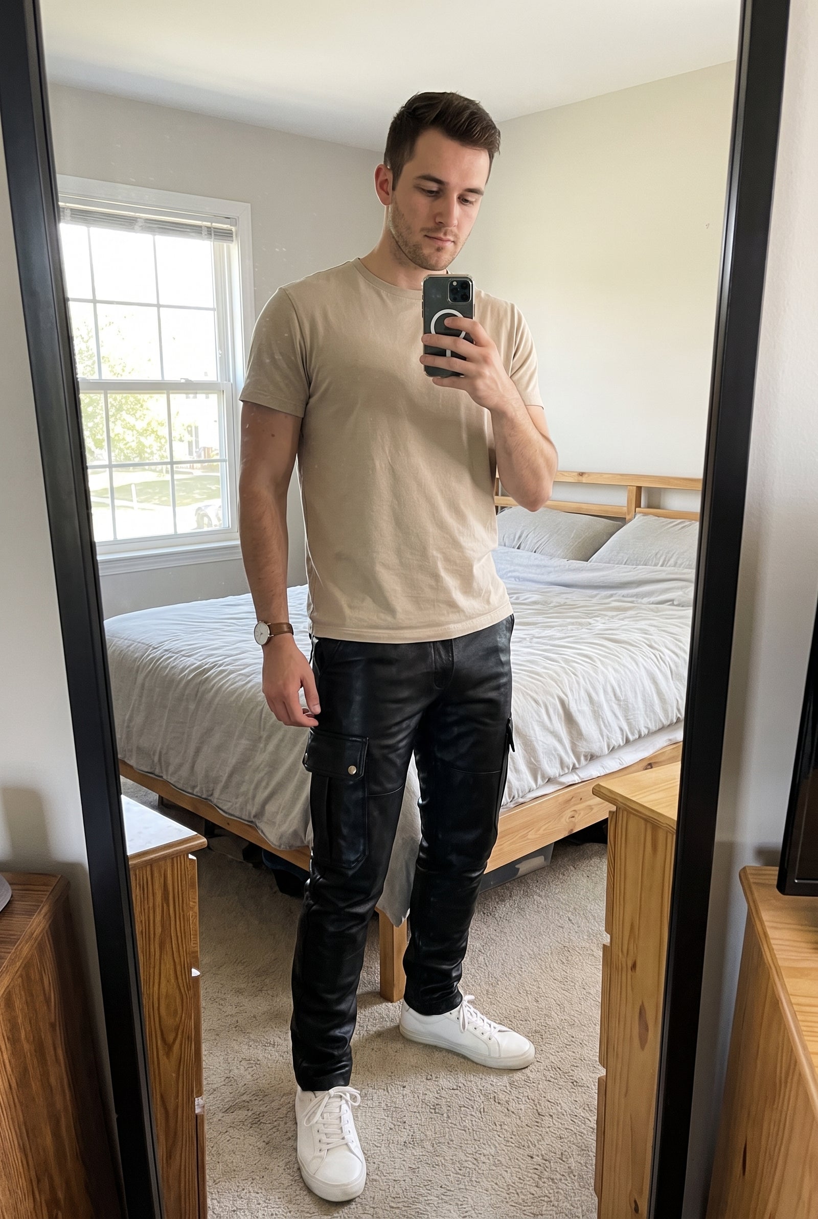 Men's Black Cargo Pants in Leather Look  — ugc mirror selfie