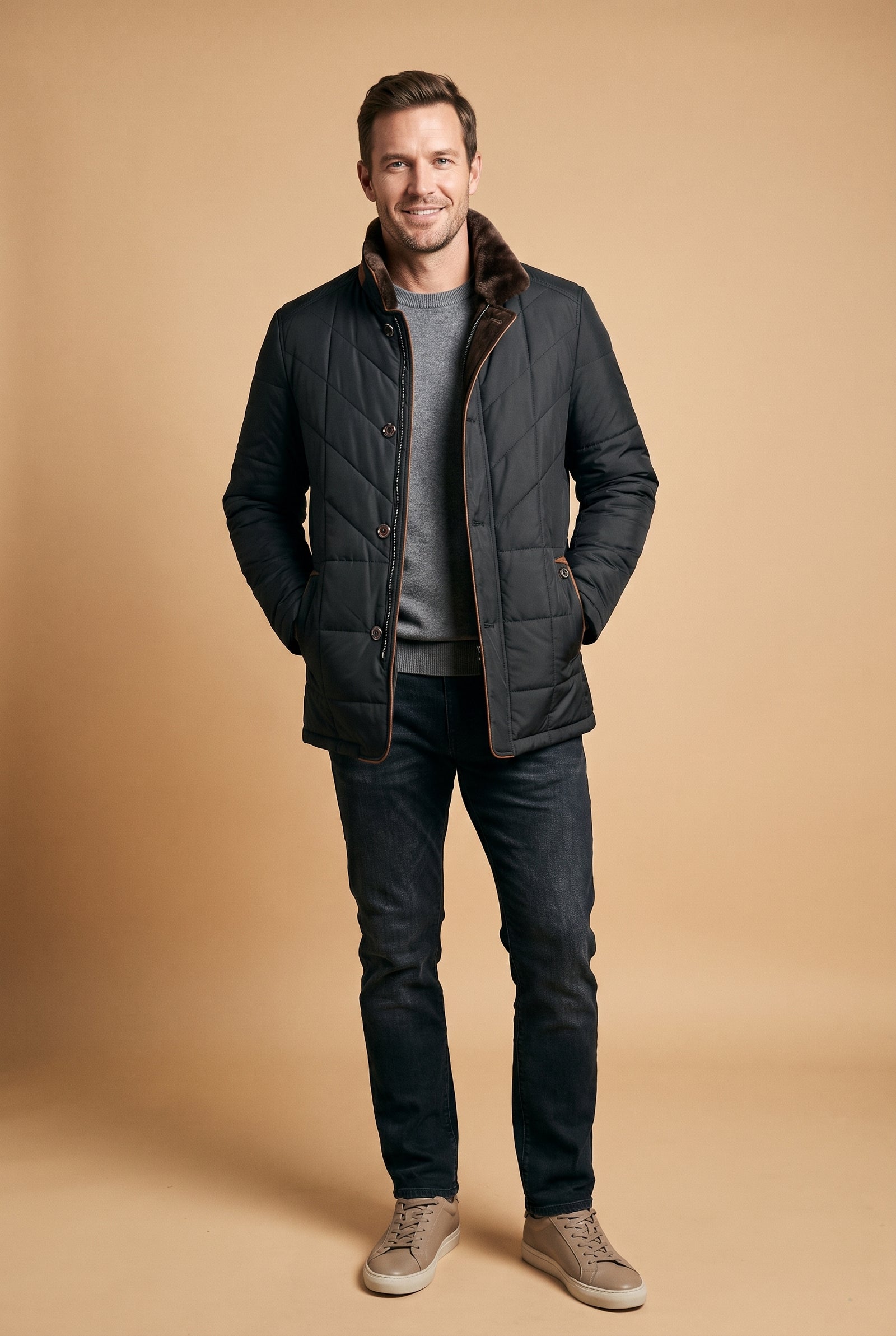 Men's Casual Puffer Jacket  in Black — studio shot