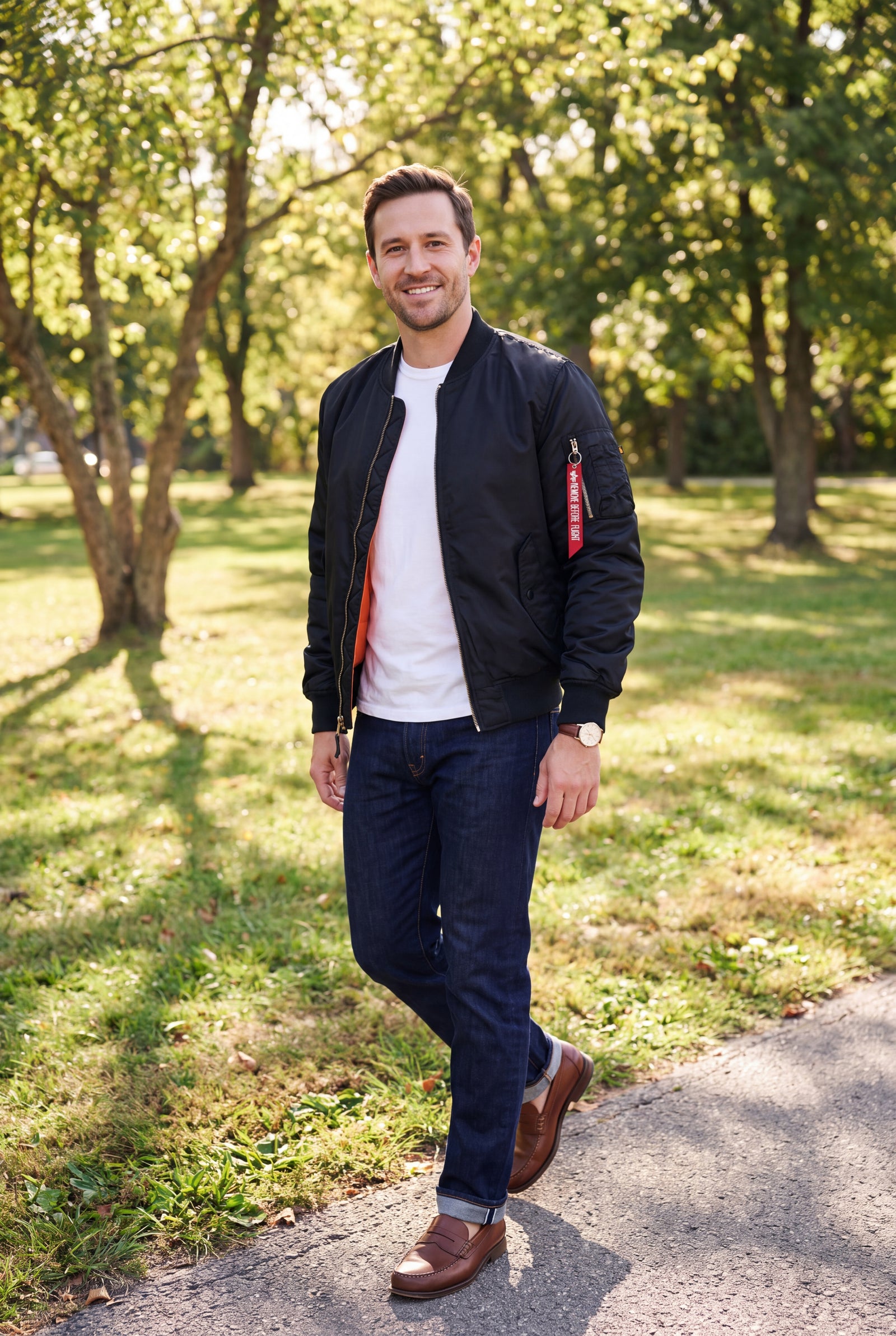 Men's Classic Bomber Jacket with Zip Closure in Black — secondary shot