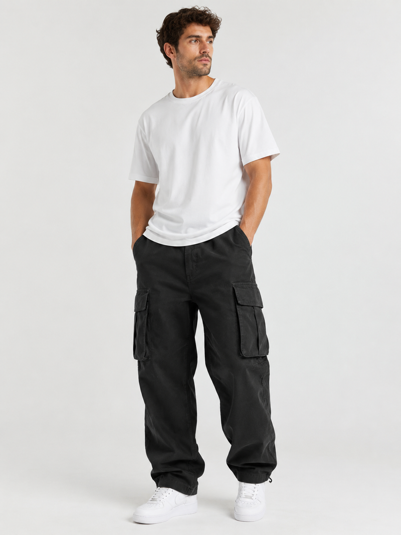 Men’s Cargo Pants Loose Fit with Drawstring Cuffs-Pants-Stilenza-Black-S-Stilenza