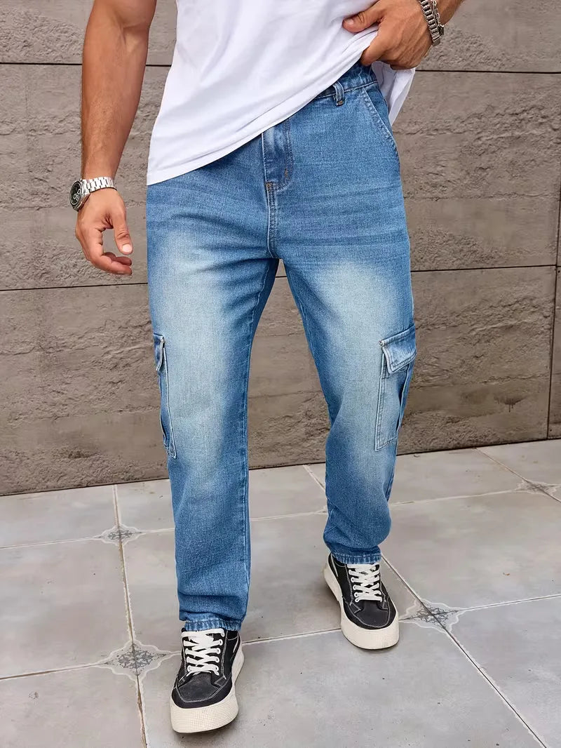 Men’s Cargo Pants Straight Fit Washed Denim-Stilenza-Stilenza