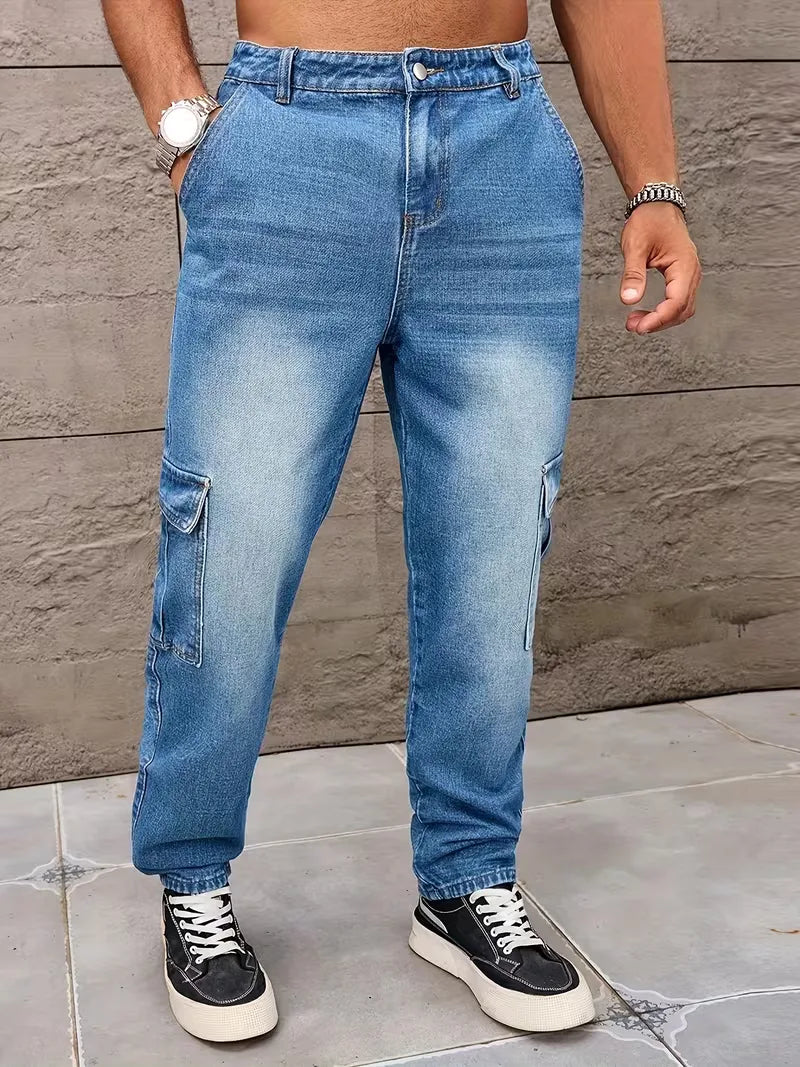 Men’s Cargo Pants Straight Fit Washed Denim-Stilenza-Stilenza