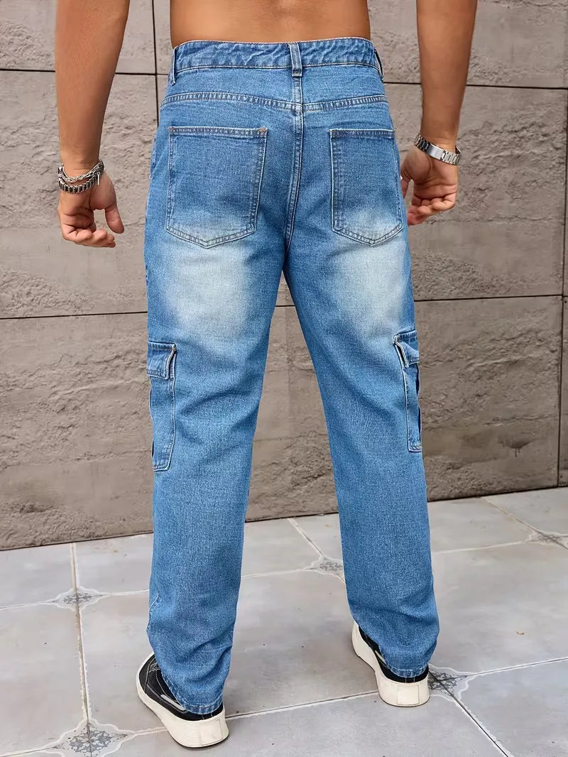 Men’s Cargo Pants Straight Fit Washed Denim-Stilenza-Stilenza