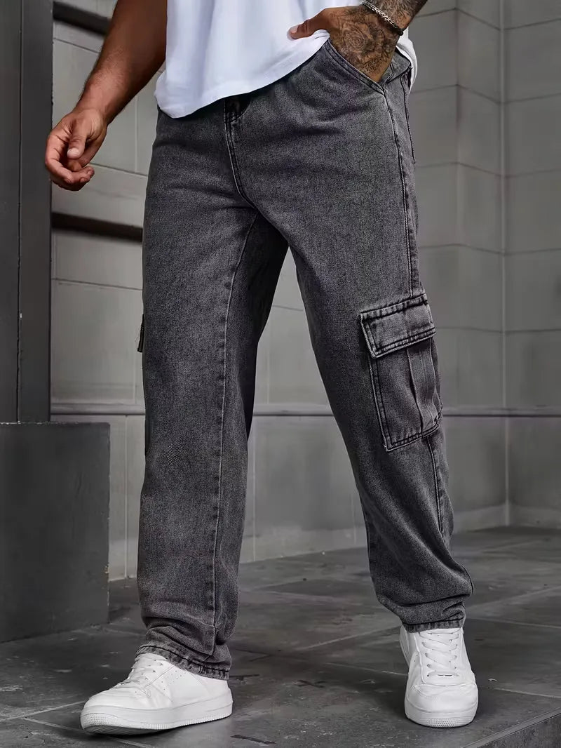 Men’s Cargo Pants Straight Fit Washed Denim-Stilenza-Stilenza