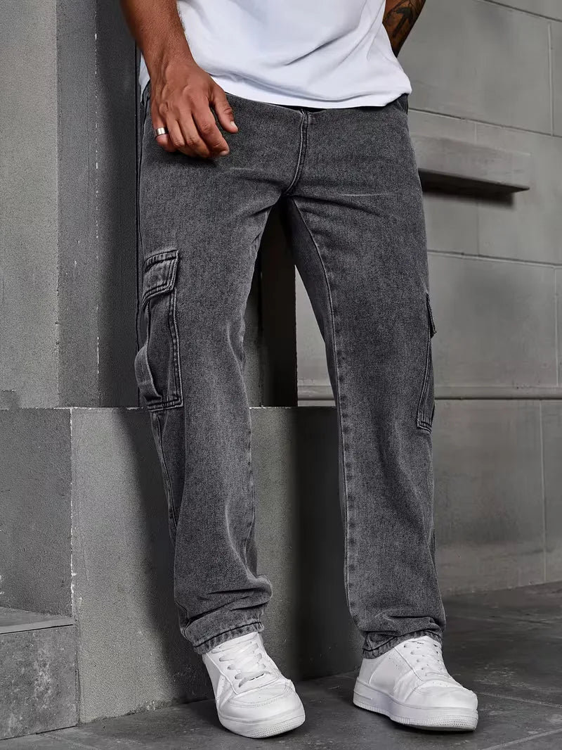 Men’s Cargo Pants Straight Fit Washed Denim-Stilenza-Stilenza