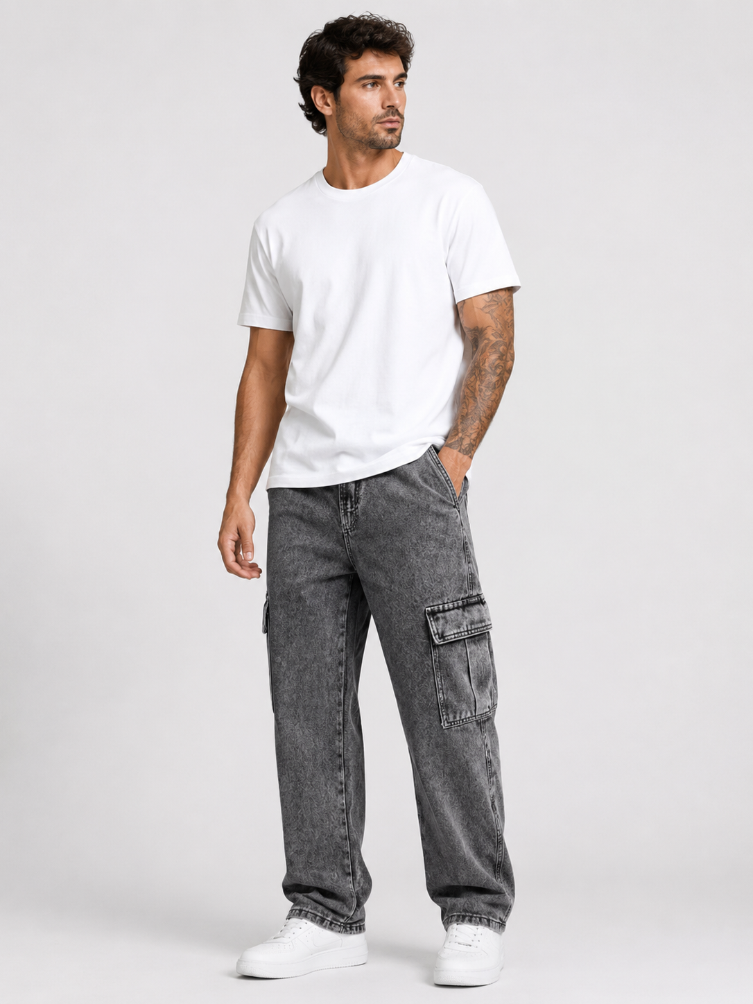 Men’s Cargo Pants Straight Fit Washed Denim-Stilenza-Dark Grey-XS-Stilenza