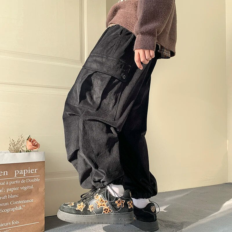 Men’s Corduroy Cargo Pants Wide Leg-Stilenza-Black-M-Stilenza