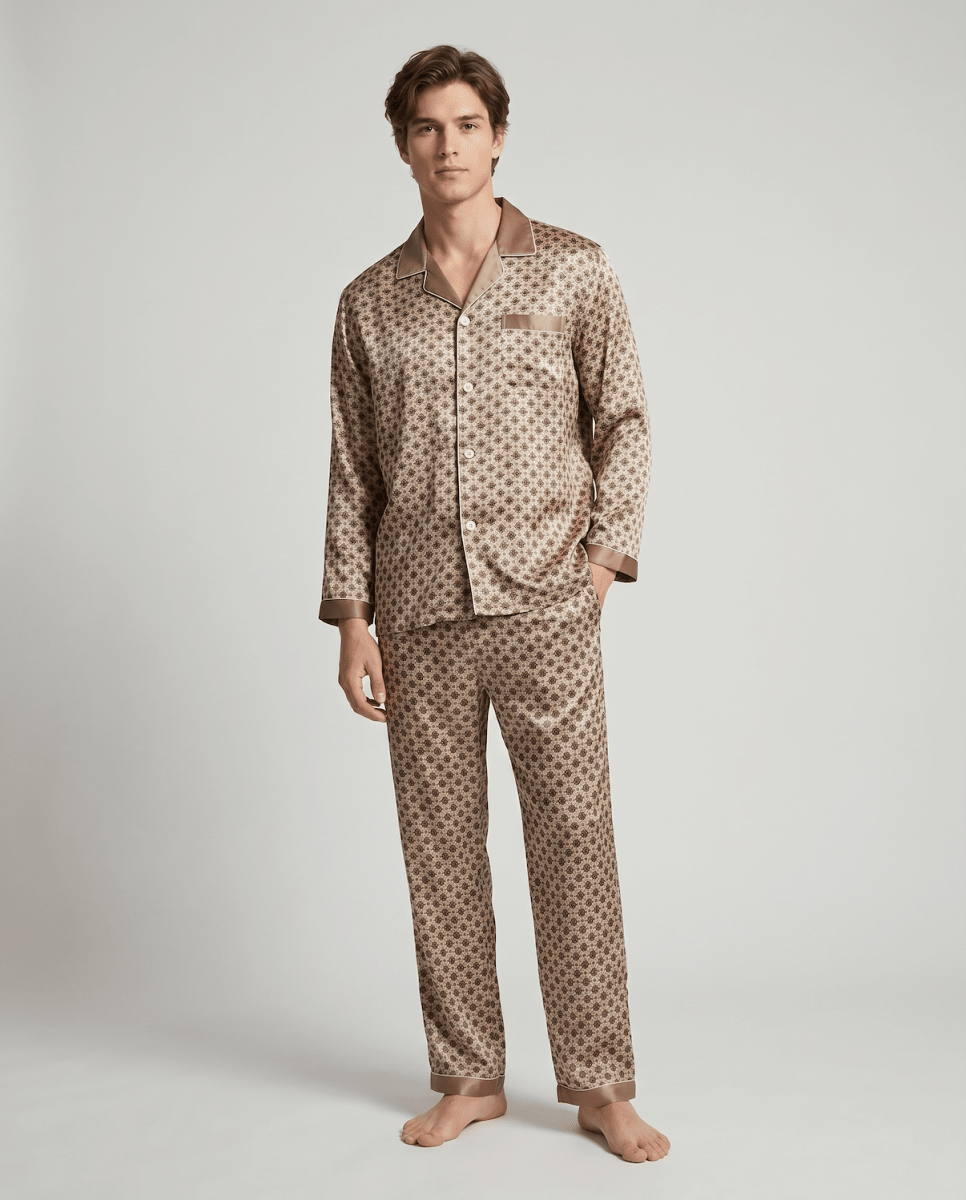 Men’s Pajama Set Long Sleeve Button Up Printed-Stilenza-Brown-M-Stilenza