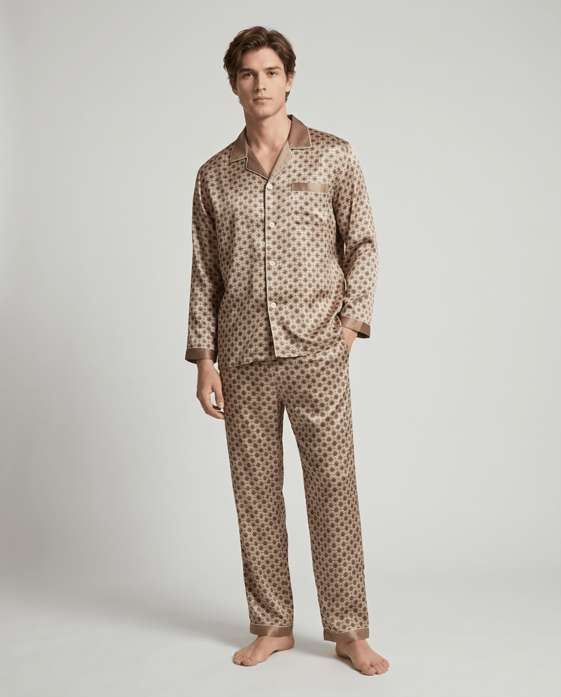 Men’s Pajama Set Long Sleeve Button Up Printed-Stilenza-Brown-M-Stilenza