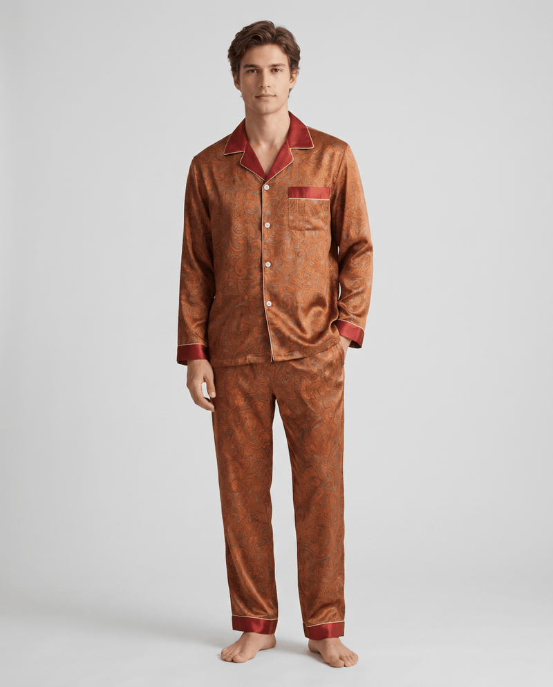 Men’s Pajama Set Long Sleeve Button Up Printed-Stilenza-Burnt Orange-M-Stilenza