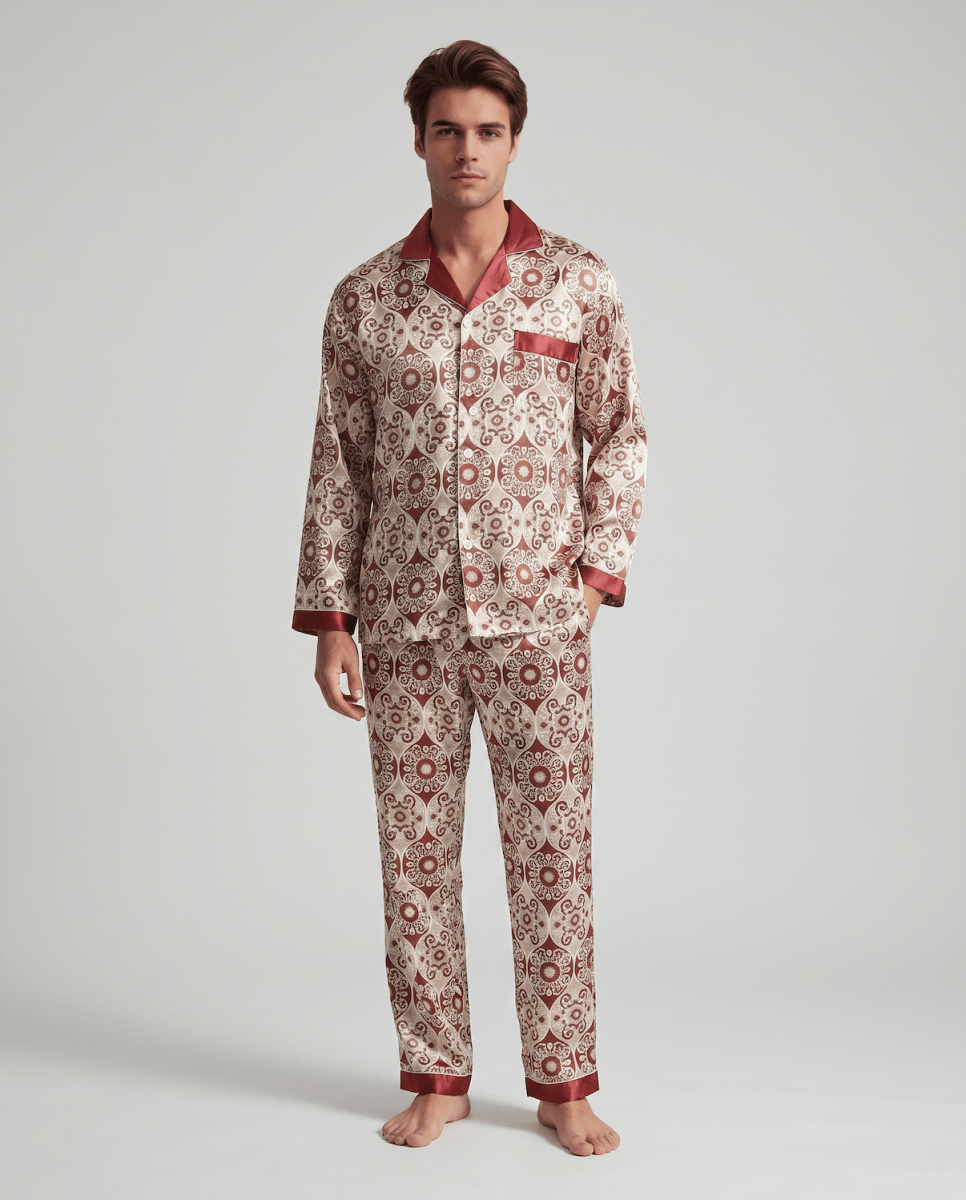 Men’s Pajama Set Long Sleeve Button Up Printed-Stilenza-Red-M-Stilenza
