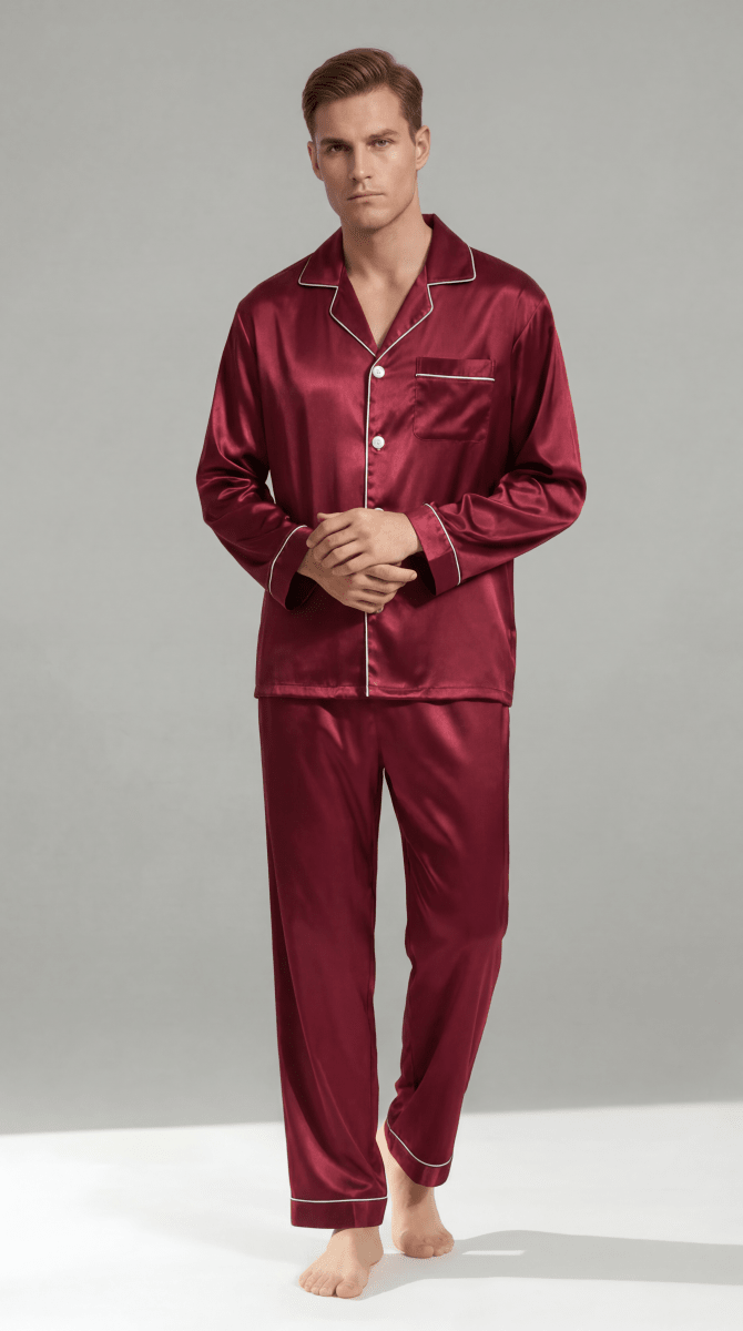 Men’s Pajama Set Long Sleeve Button Up-Stilenza-Burgundy-M-Stilenza