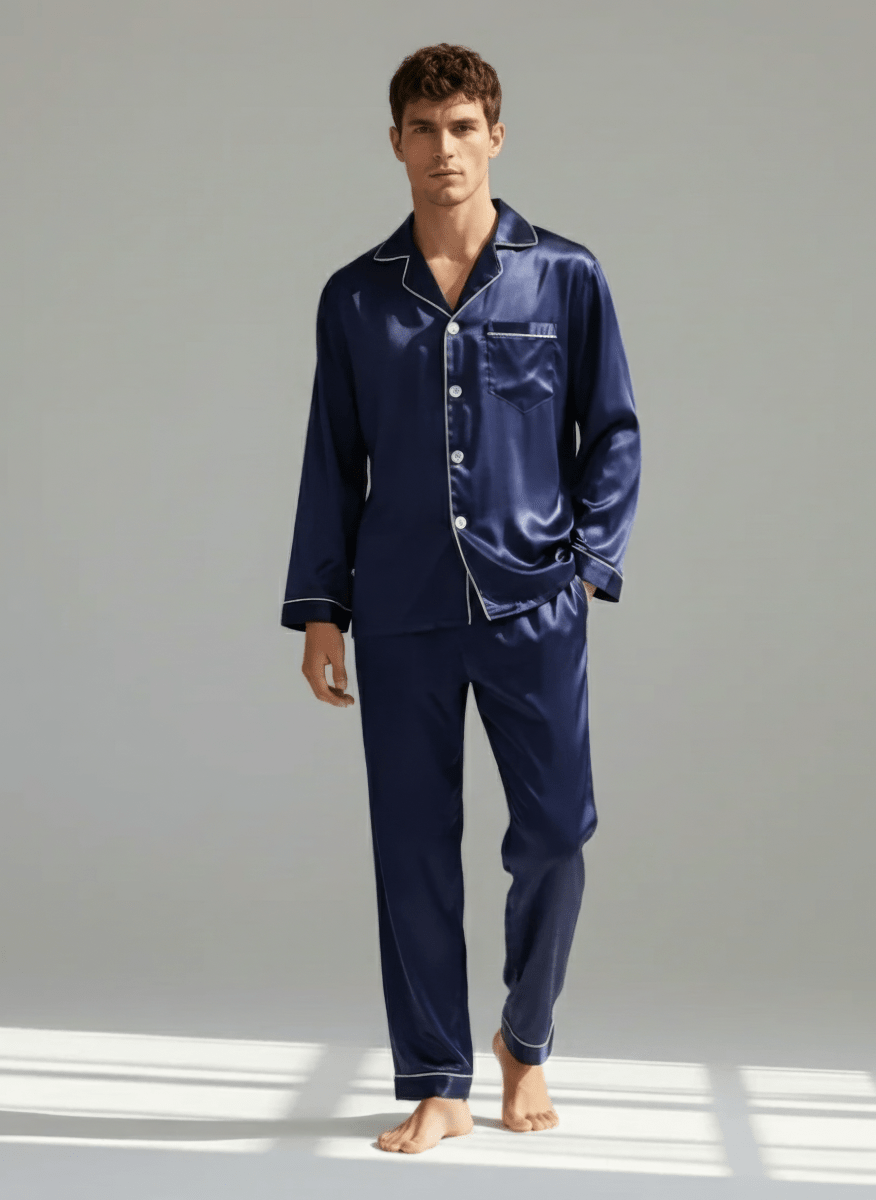 Men’s Pajama Set Long Sleeve Button Up-Stilenza-Navy Blue-M-Stilenza