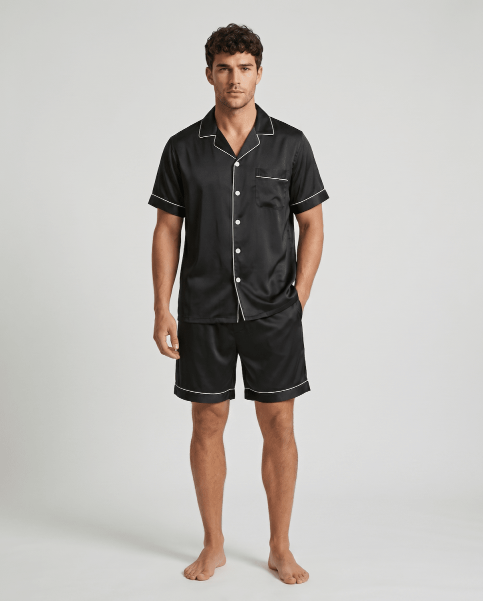 Men’s Pajama Set Short Sleeve Button Up-Stilenza-Black-M-Stilenza